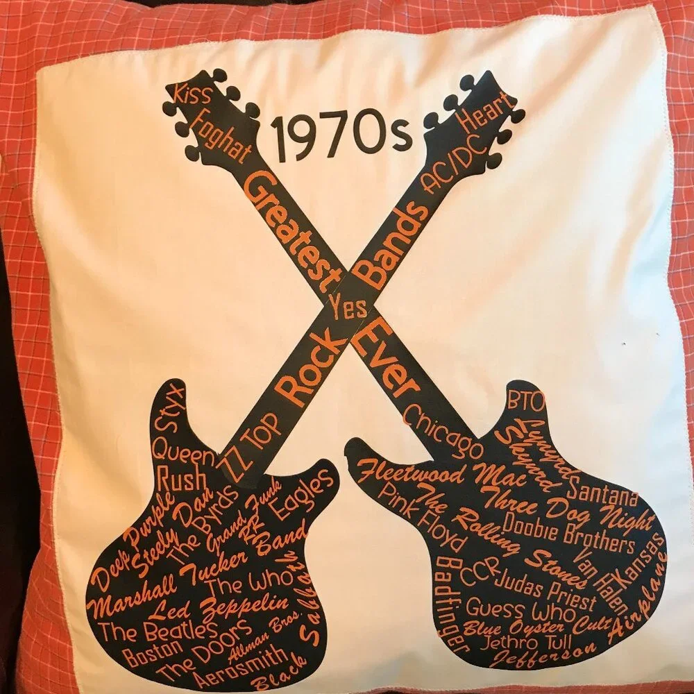 Handmade Pillow Cover, 1970s Rock Bands Guitars Music Room Decor 20 x 20 inches